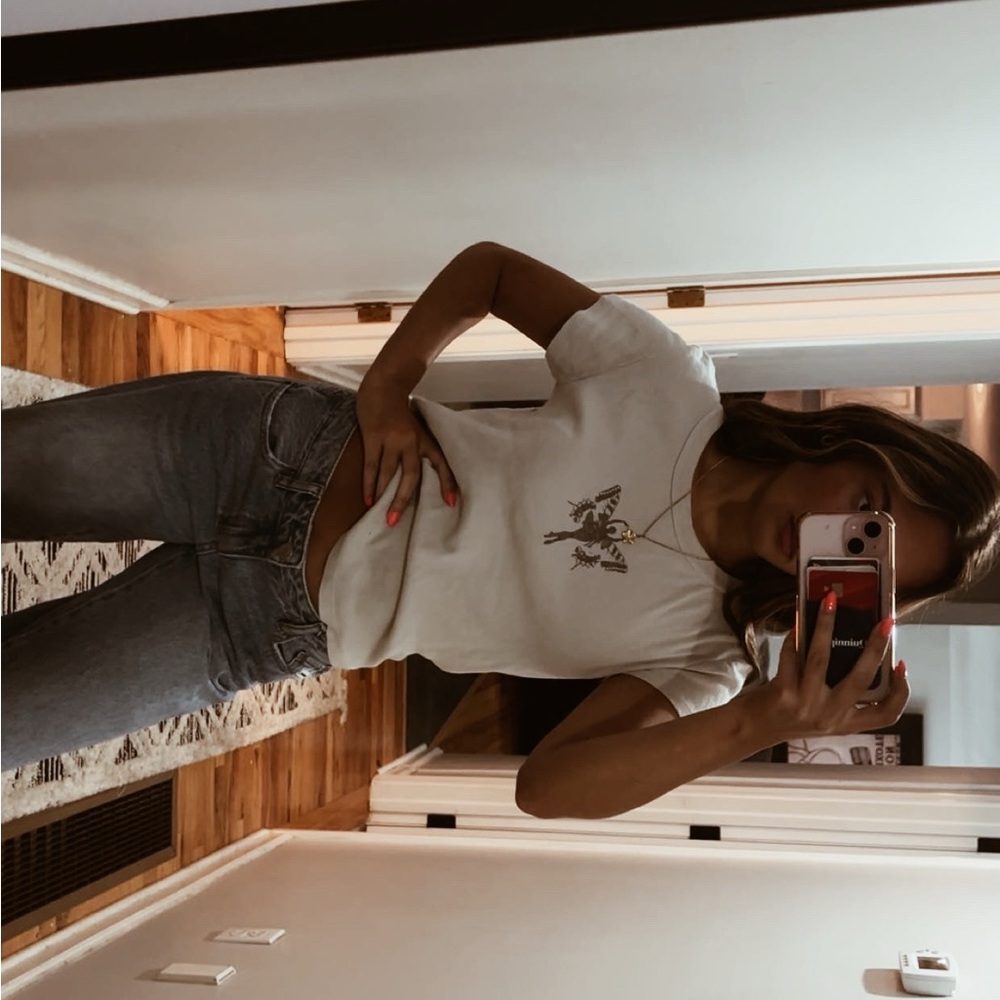 Brandy Melville Gray/Cream Tee with Butterfly/Fairy Graphic